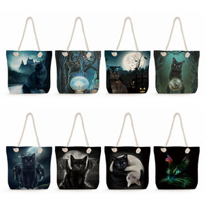 Starry Sky Cat Print Tote Bag Thick Rope Shopping High Capacity Beach Handbag