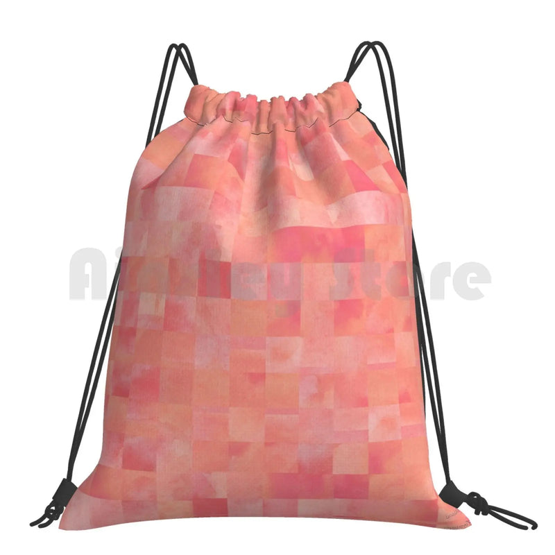 Coral Pink Squares Pattern Drawstring Backpack