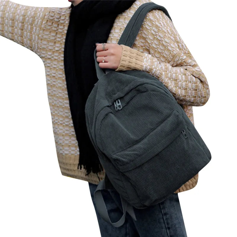 Corduroy Backpack Women Bookbags Striped Shoulder Bag