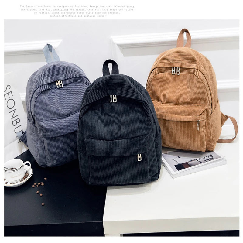 Corduroy Backpack Women School Backpack Pure Women Backpack Teenger Girl