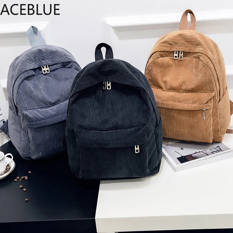 Corduroy Backpack Women School Teenager Girl Bags