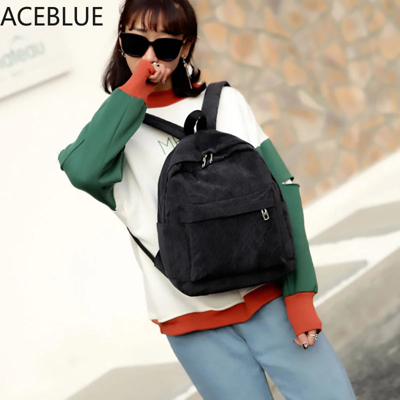 Corduroy Backpack Women School Teenager Girl Bags