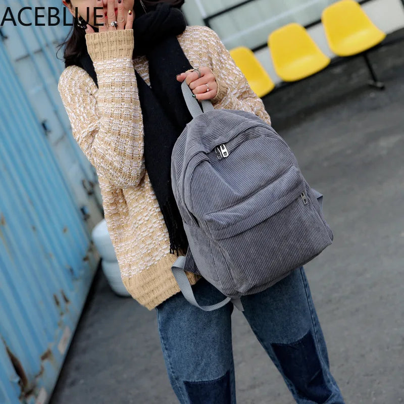 Corduroy Backpack Women School Teenager Girl Bags