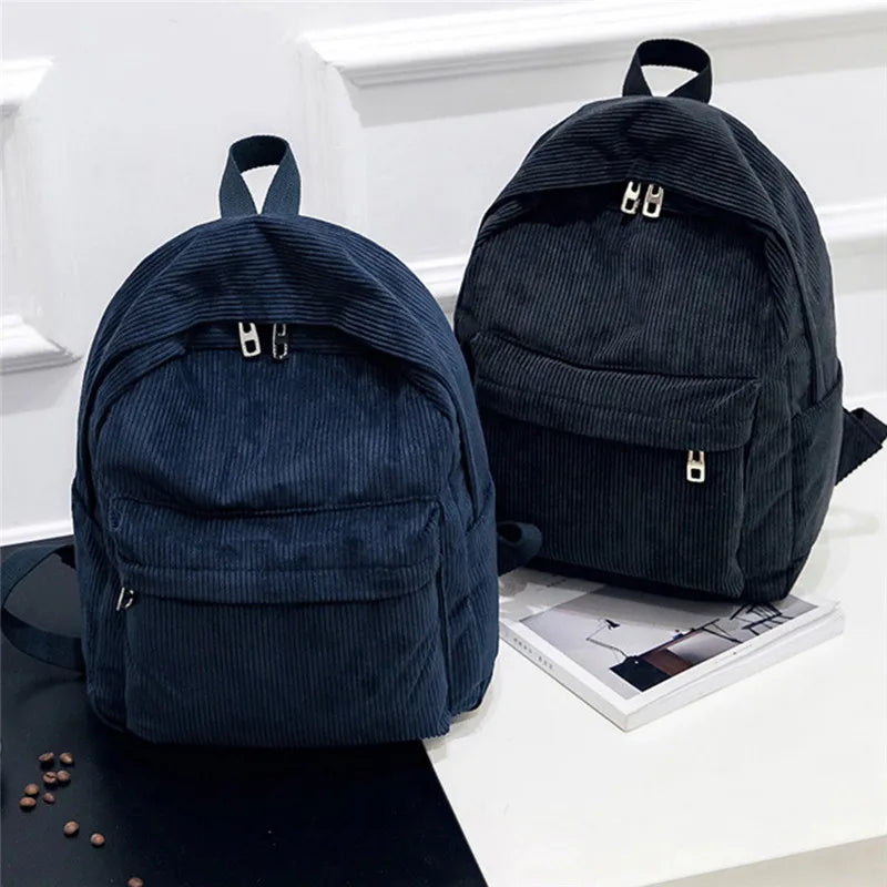 Corduroy Backpack School Bag Women Teen Girl Small Bagpack Pack