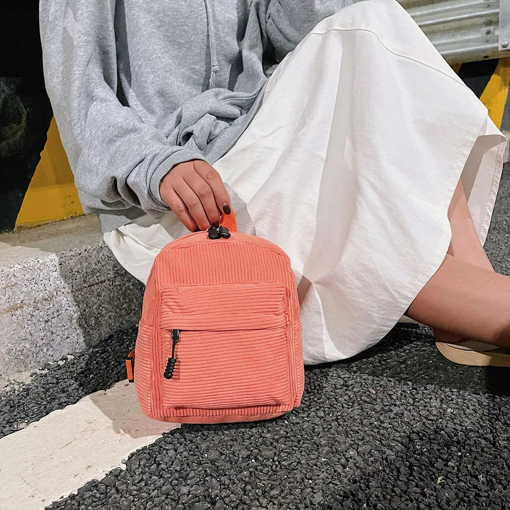 Corduroy Backpack Women School Backpack Soft Pure Teenger Girl School Bag