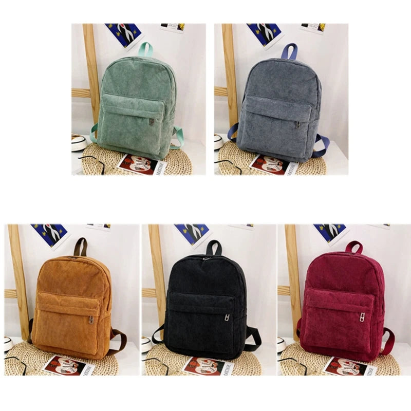 Corduroy Backpack Solid Casual Daypack for Women Girl Student