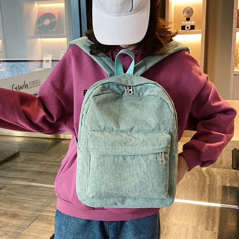 Corduroy Backpack Solid Casual Daypack for Women Girl Student