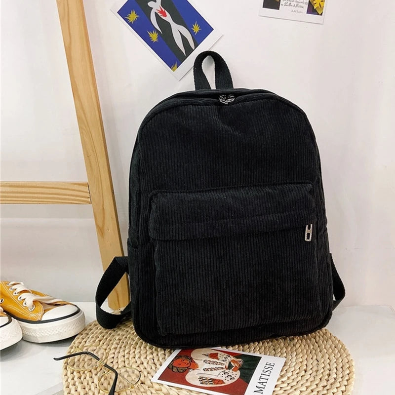 Corduroy Backpack Solid Casual Daypack for Women Girl Student