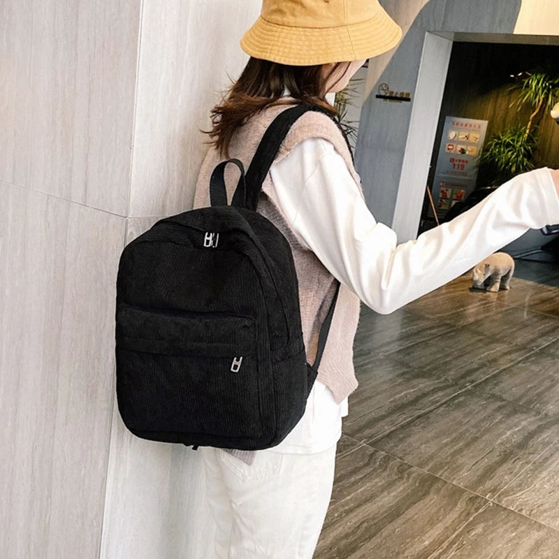 Corduroy Backpack Solid Casual Daypack for Women Girl Student