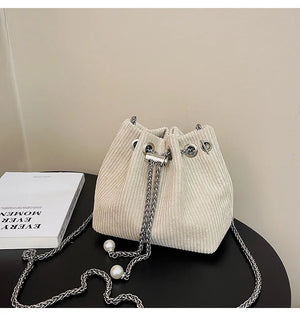 Striped Corduroy Small Bucket Clutch Bag with Chains for Women