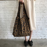 Leopard Print Shoulder Tote Bag Corduroy Large Capacity Handbag