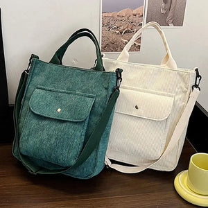 Vintage Corduroy Shoulder Bag Casual Tote with Outside Pocket