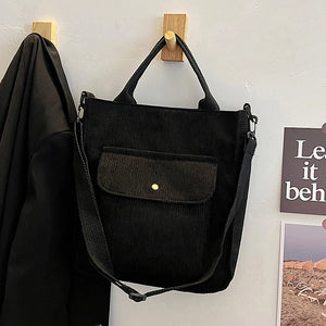 Corduroy Shoulder Bag Vintage Shopping Tote Handbag with Outside Pocket