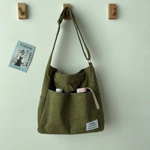 Corduroy Shoulder Bag Women College Style Crossbody Large Capacity