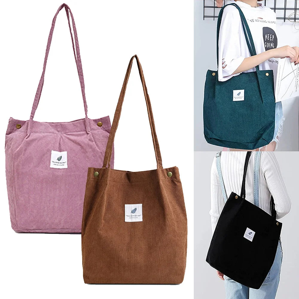 Corduroy Shoulder Bag for Women Reusable Shopping Tote Handbag