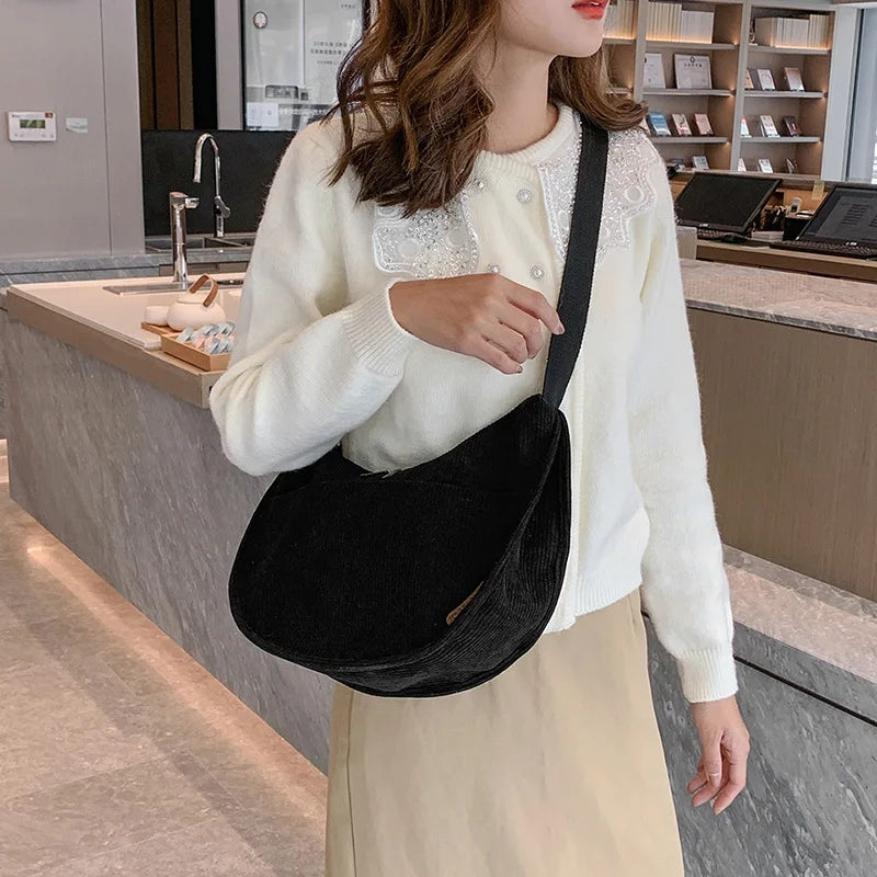 Corduroy Soft Shoulder Bag Solid Underarm Messenger Female Saddle Bag