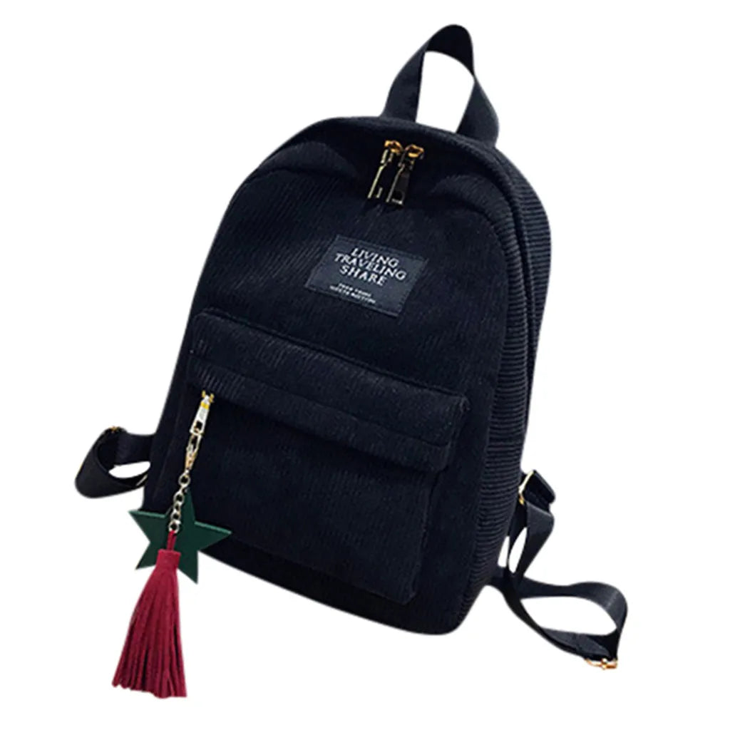 Corduroy Tassel Mini Backpack Solid Leisure Small Zipper Travel Bag