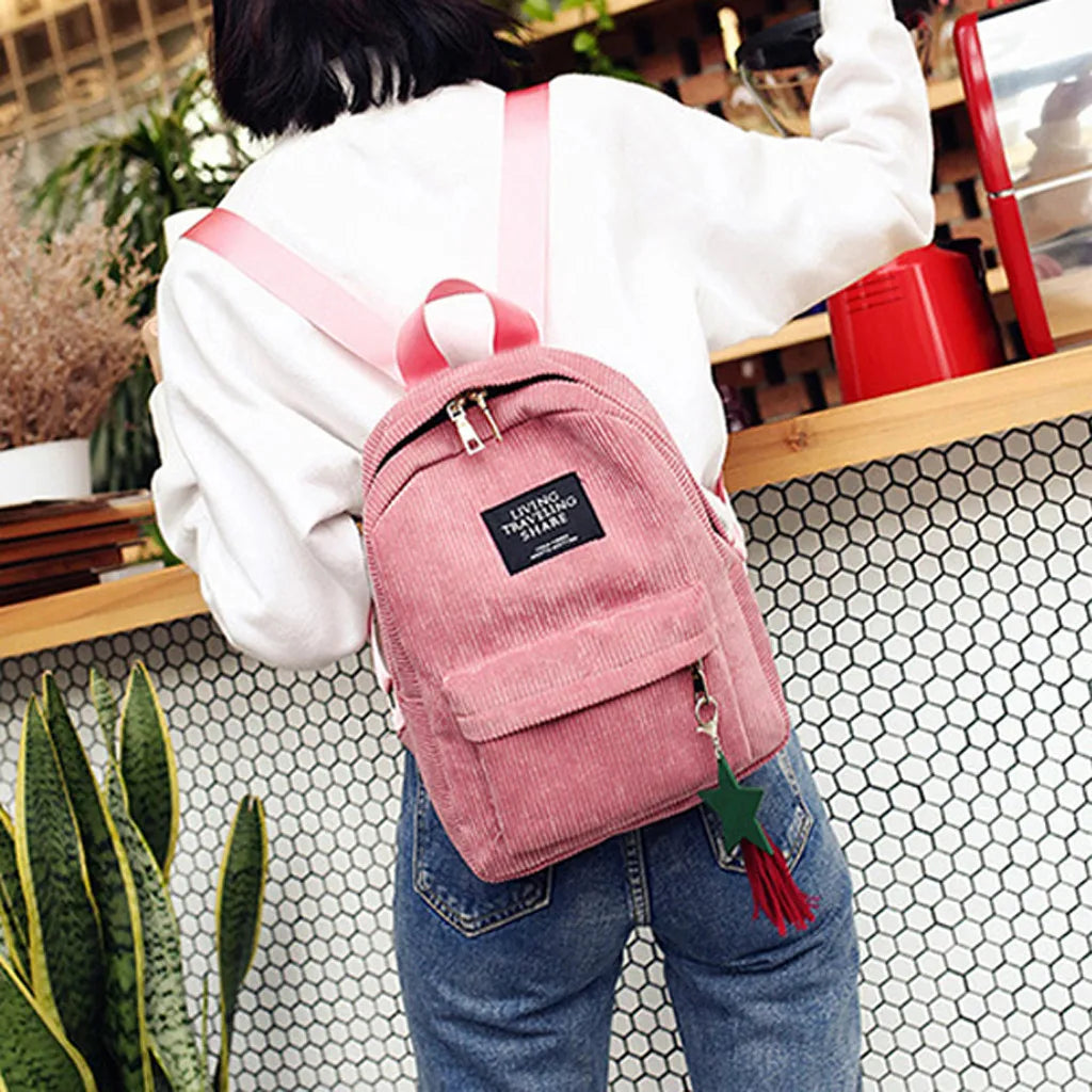 Corduroy Tassel Mini Backpack Solid Leisure Small Zipper Travel Bag