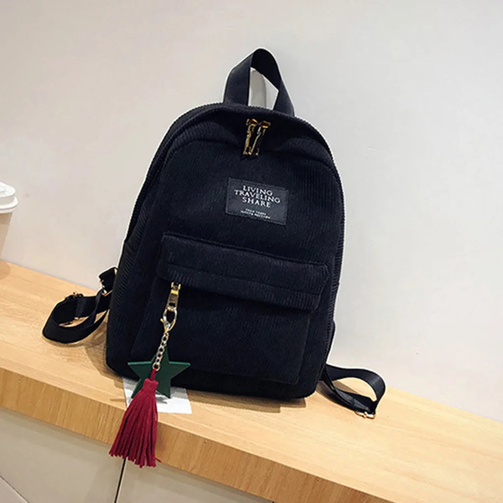 Corduroy Tassel Mini Backpack Solid Leisure Small Zipper Travel Bag