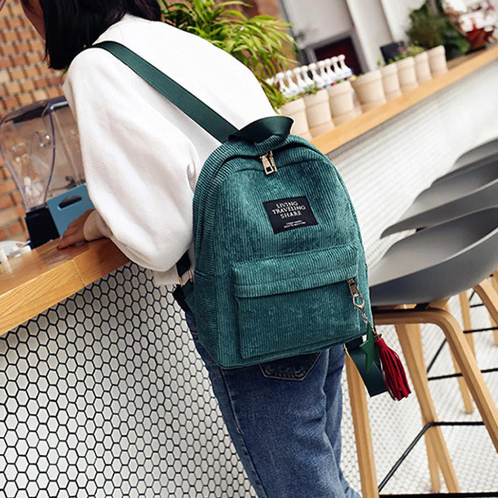 Corduroy Tassel Mini Backpack Solid Leisure Small Zipper Travel Bag