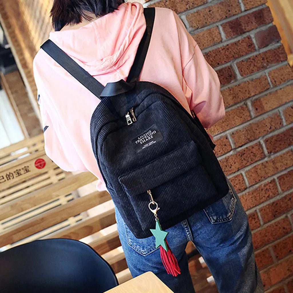 Corduroy Tassel Mini Backpack Solid Leisure Small Zipper Travel Bag