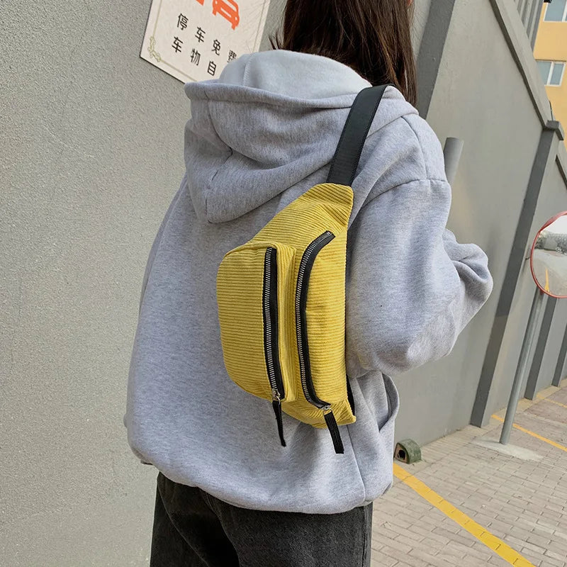Corduroy Women's Waist Bag Zipper Chest Bag