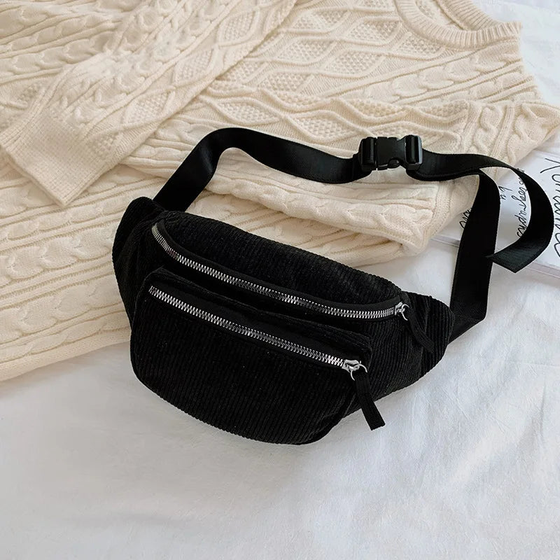 Women's Zipper Chest Bag Corduroy Waist Bag