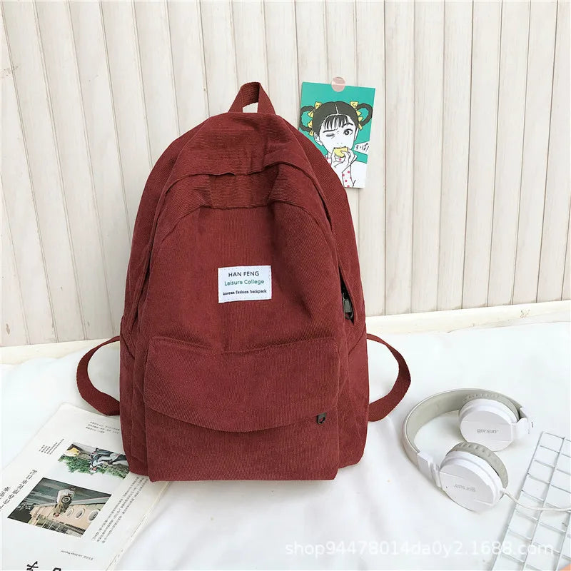 Corduroy Women's Backpack High School College Book Bag Retro Female