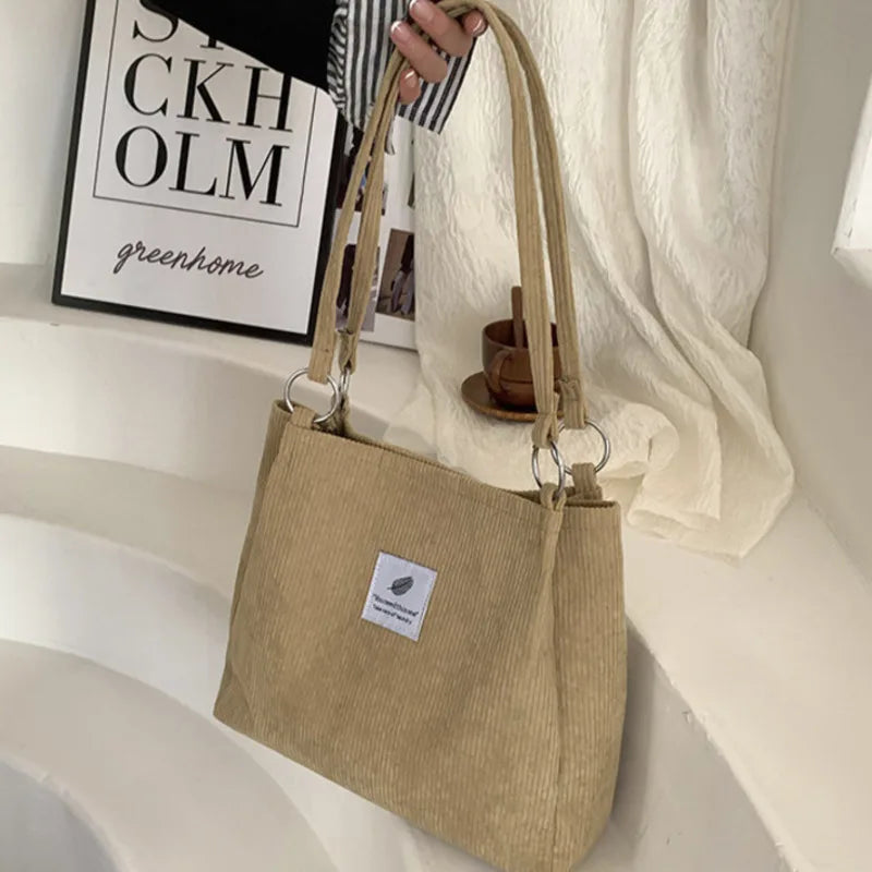 Corduroy Women's Bucket Shoulder Bag Casual Solid Canvas Tote Bag