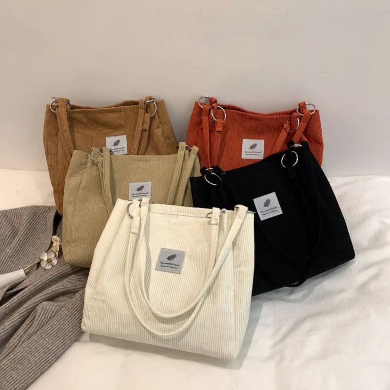 Corduroy Women's Bucket Shoulder Bag Casual Solid Canvas Tote Bag