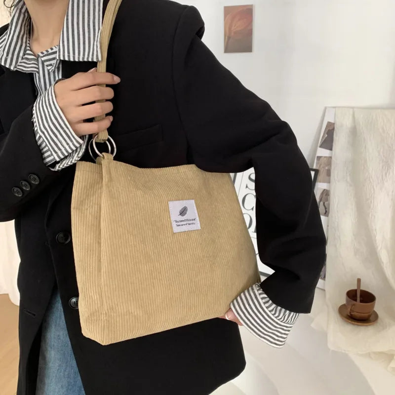 Corduroy Women's Bucket Shoulder Bag Casual Solid Canvas Tote Bag