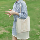Cotton Linen Braided Tote Bag with Tassels - Casual Women's Handbag