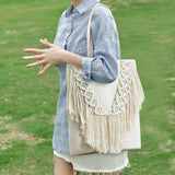 Cotton Linen Braided Tote Bag with Tassels - Casual Women's Handbag
