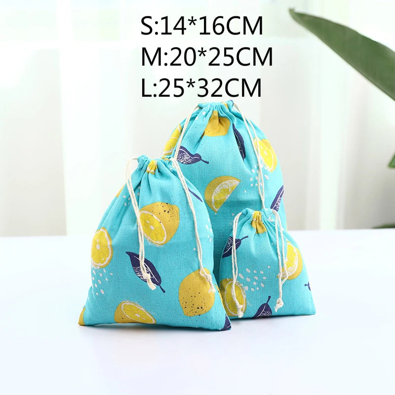 Fruit Print Cotton Linen Pouch Drawstring Bag Kids Travel Storage Makeup Case