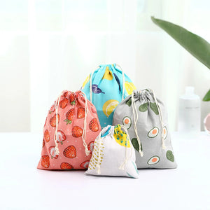 Fruit Print Cotton Linen Pouch Drawstring Bag Kids Travel Storage Makeup Case