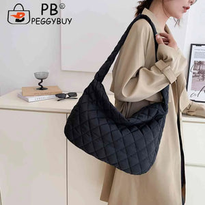 Cotton Padded Women Handbags Rhombus Pattern Tote Large Capacity Armpit Bag