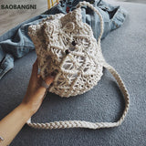 Boho Cotton Rope Shoulder Bag Woven Crossbody Handbag Straw Beach Bucket Bag