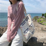 Cotton Stripe Canvas Shopping Tote Bag Zippered Small Shopping Bag