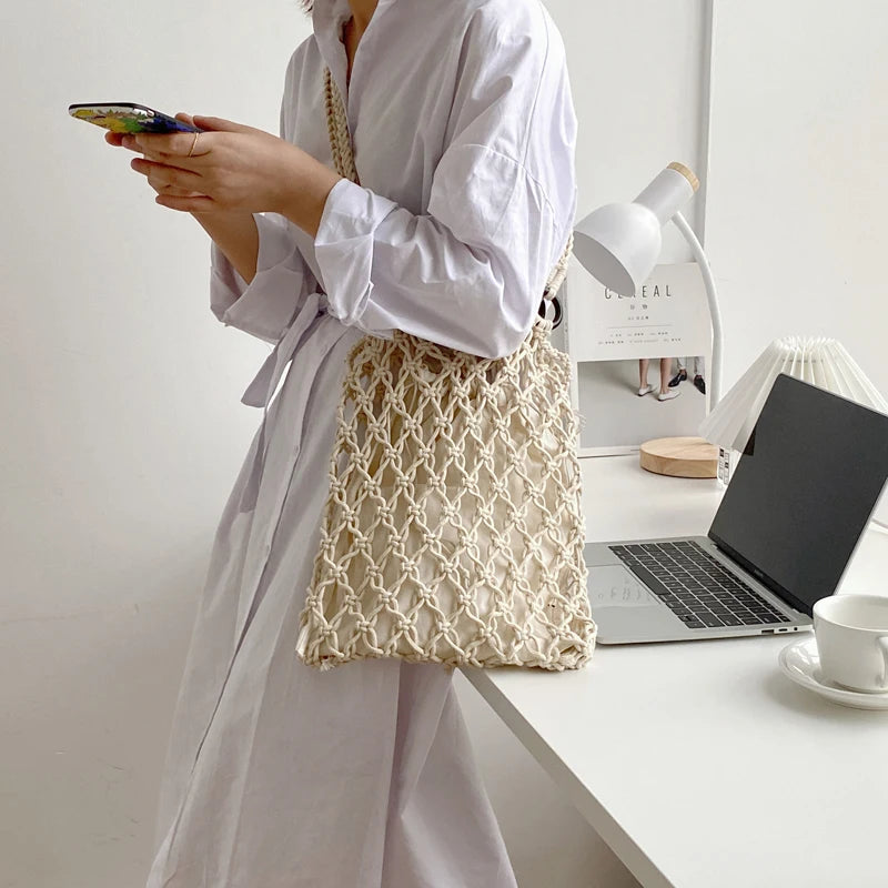 Women Handbag Ladies Net Hollow Bag Japan Style Woven Shoulder Bag