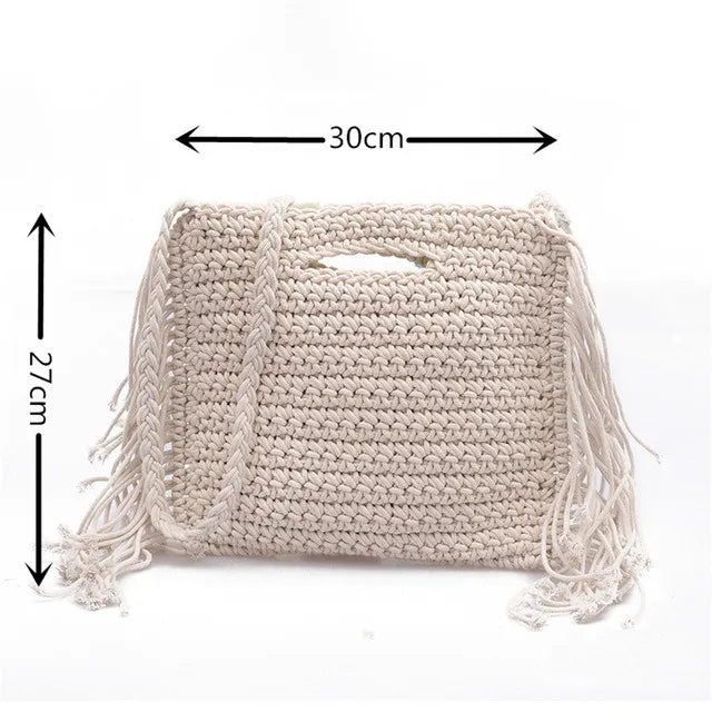 Cotton Woven Fringed Beach Straw Bag for Women