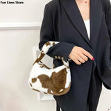 Cow Print Plush Shoulder Purse Soft Fur Handbag Wedding Totes Girls Clutches Bag