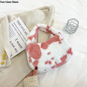 Cow Print Plush Shoulder Purse Soft Fur Handbag Wedding Totes Girls Clutches Bag