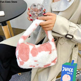 Cow Print Plush Shoulder Purse Soft Fur Handbag Wedding Totes Girls Clutches Bag
