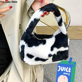 Cow Print Plush Shoulder Purse Soft Fur Handbag Wedding Totes Girls Clutches Bag