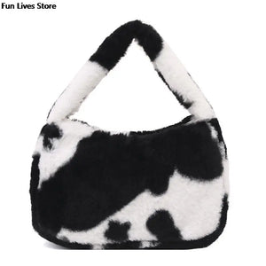 Cow Print Plush Shoulder Purse Soft Fur Handbag Wedding Totes Girls Clutches Bag
