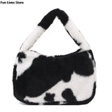 Cow Print Plush Shoulder Purse Soft Fur Handbag Wedding Totes Girls Clutches Bag