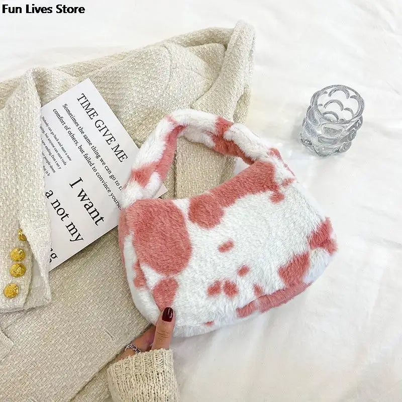 Cow Print Plush Shoulder Purse Soft Fur Handbag Wedding Totes Girls Clutches Bag