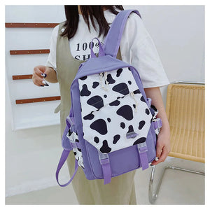 Cow Print Women Backpack Preppy Style Nylon Student Laptop Backpacks For Girls