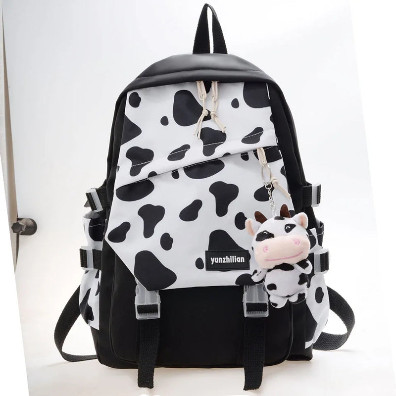Cow Print Women Backpack Preppy Style Nylon Student Laptop Backpacks For Girls