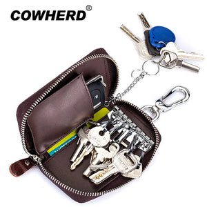 Women Men Cowhide Leather Zipper key Purse Bag Car Key Wallets Multifunction